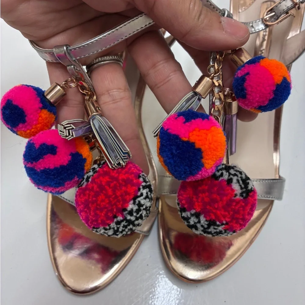 Sophia Webster Silver Heels with Colorful Pom Poms‎